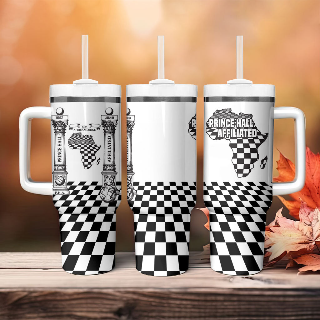 Prince Hall Affiliated Freemasonry Tumbler With Handle Classic Masonic Pillars Boaz Jachin Checkerboard Africa Map