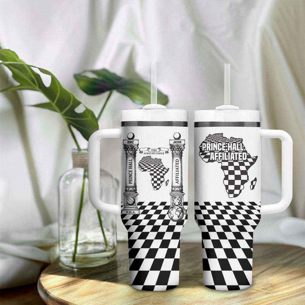 Prince Hall Affiliated Freemasonry Tumbler With Handle Classic Masonic Pillars Boaz Jachin Checkerboard Africa Map