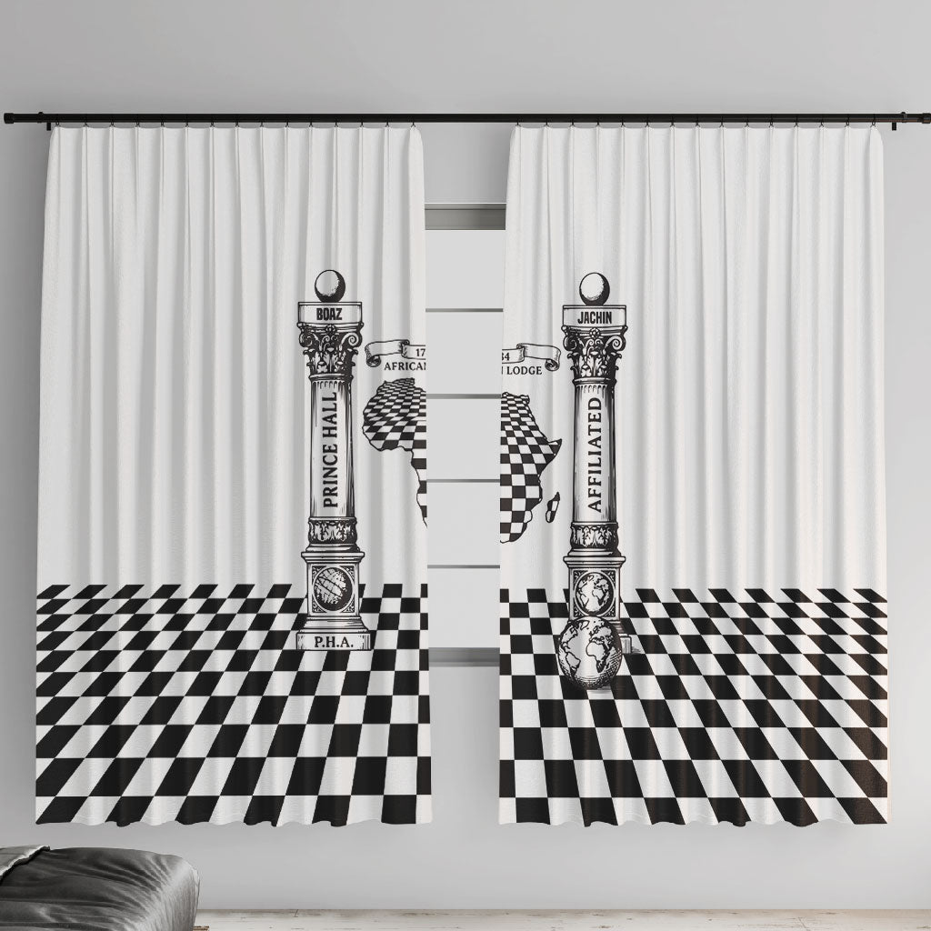 Prince Hall Affiliated Freemasonry Window Curtain Classic Masonic Pillars Boaz Jachin Checkerboard Africa Map