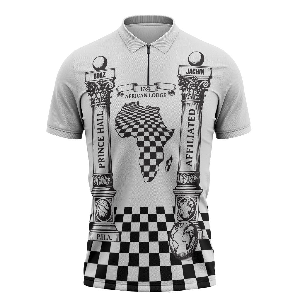 Prince Hall Affiliated Freemasonry Zipper Polo Shirt Classic Masonic Pillars Boaz Jachin Checkerboard Africa Map