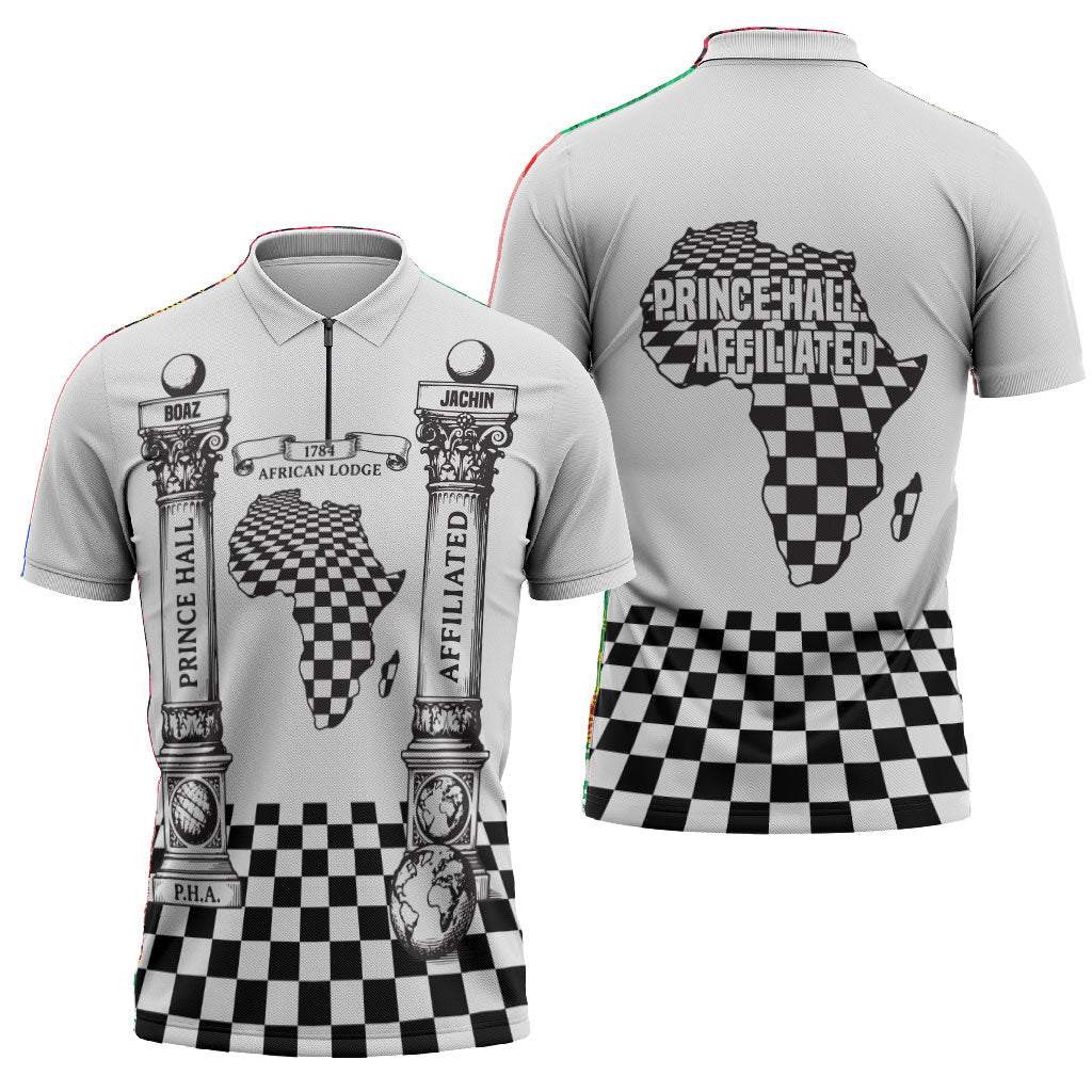 Prince Hall Affiliated Freemasonry Zipper Polo Shirt Classic Masonic Pillars Boaz Jachin Checkerboard Africa Map