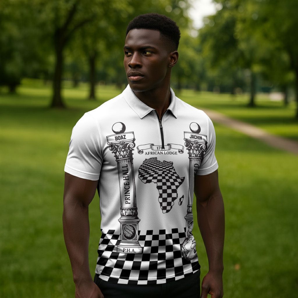 Prince Hall Affiliated Freemasonry Zipper Polo Shirt Classic Masonic Pillars Boaz Jachin Checkerboard Africa Map