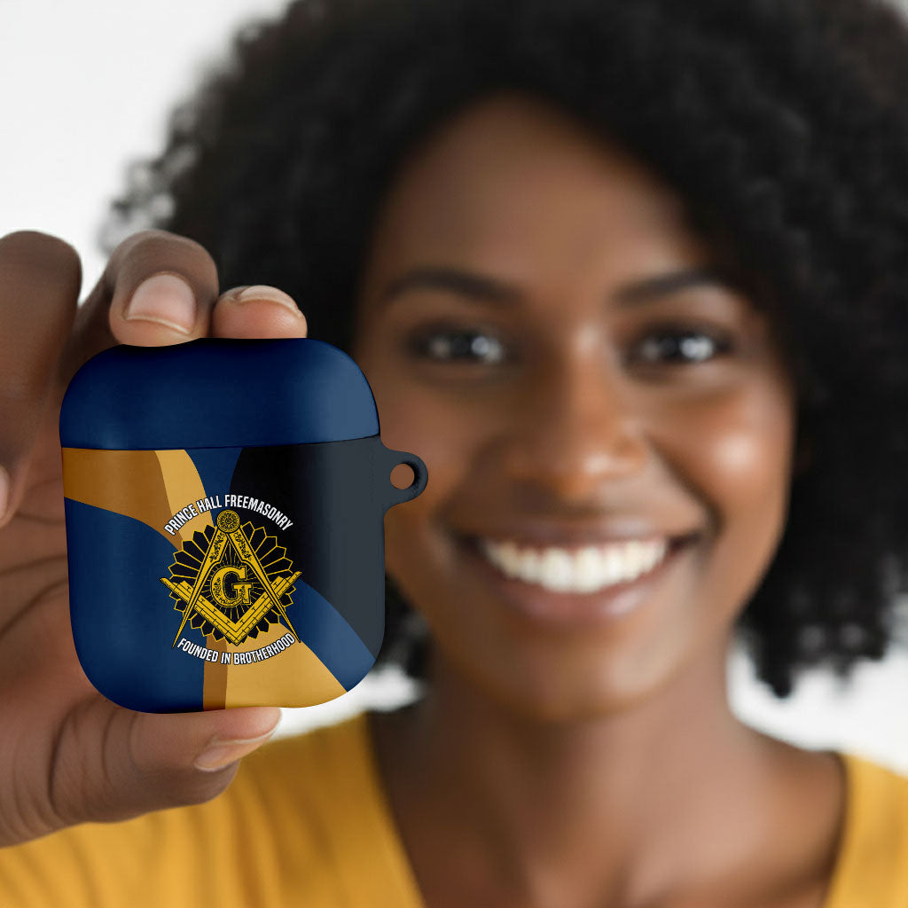 Prince Hall Freemasonry AirPods Case Square and Compasses Gold Blue Geometric