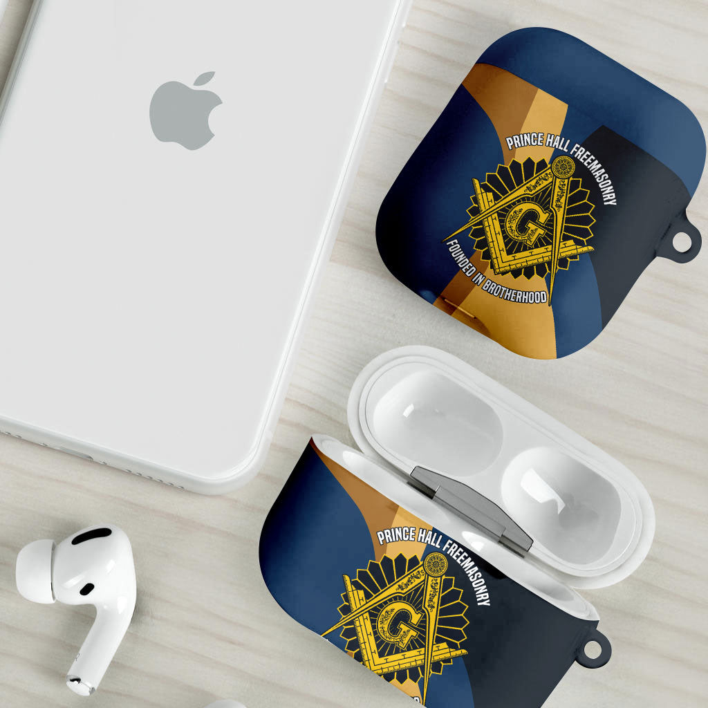 Prince Hall Freemasonry AirPods Case Square and Compasses Gold Blue Geometric