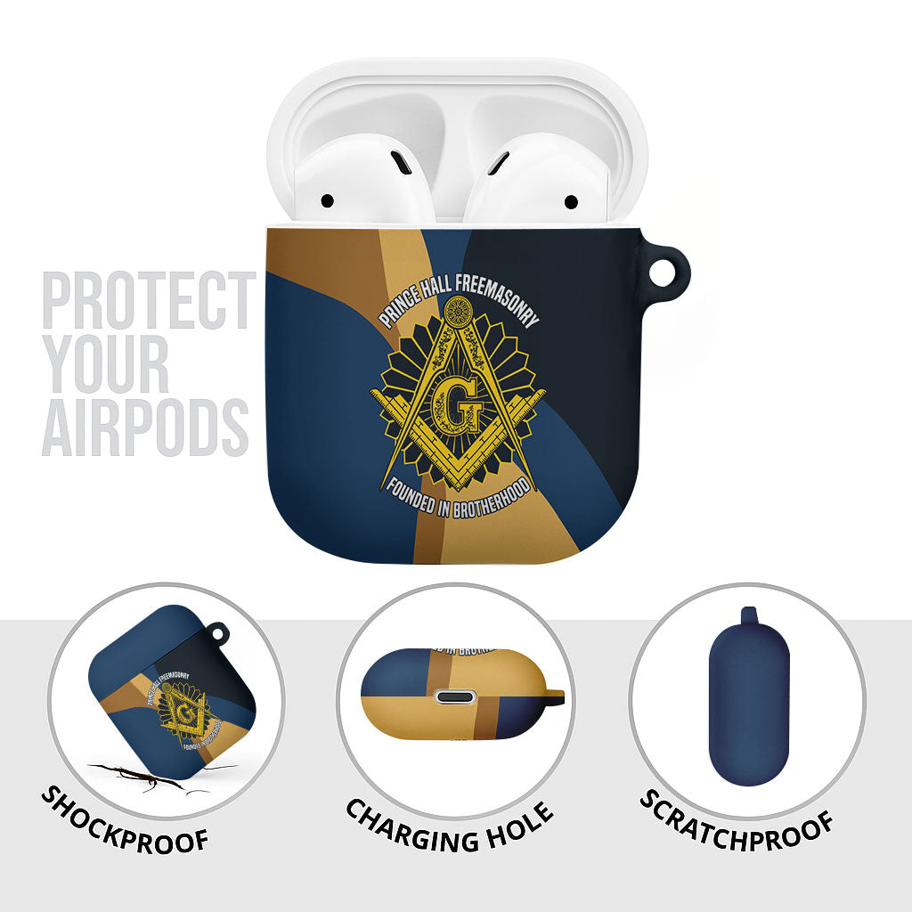 Prince Hall Freemasonry AirPods Case Square and Compasses Gold Blue Geometric