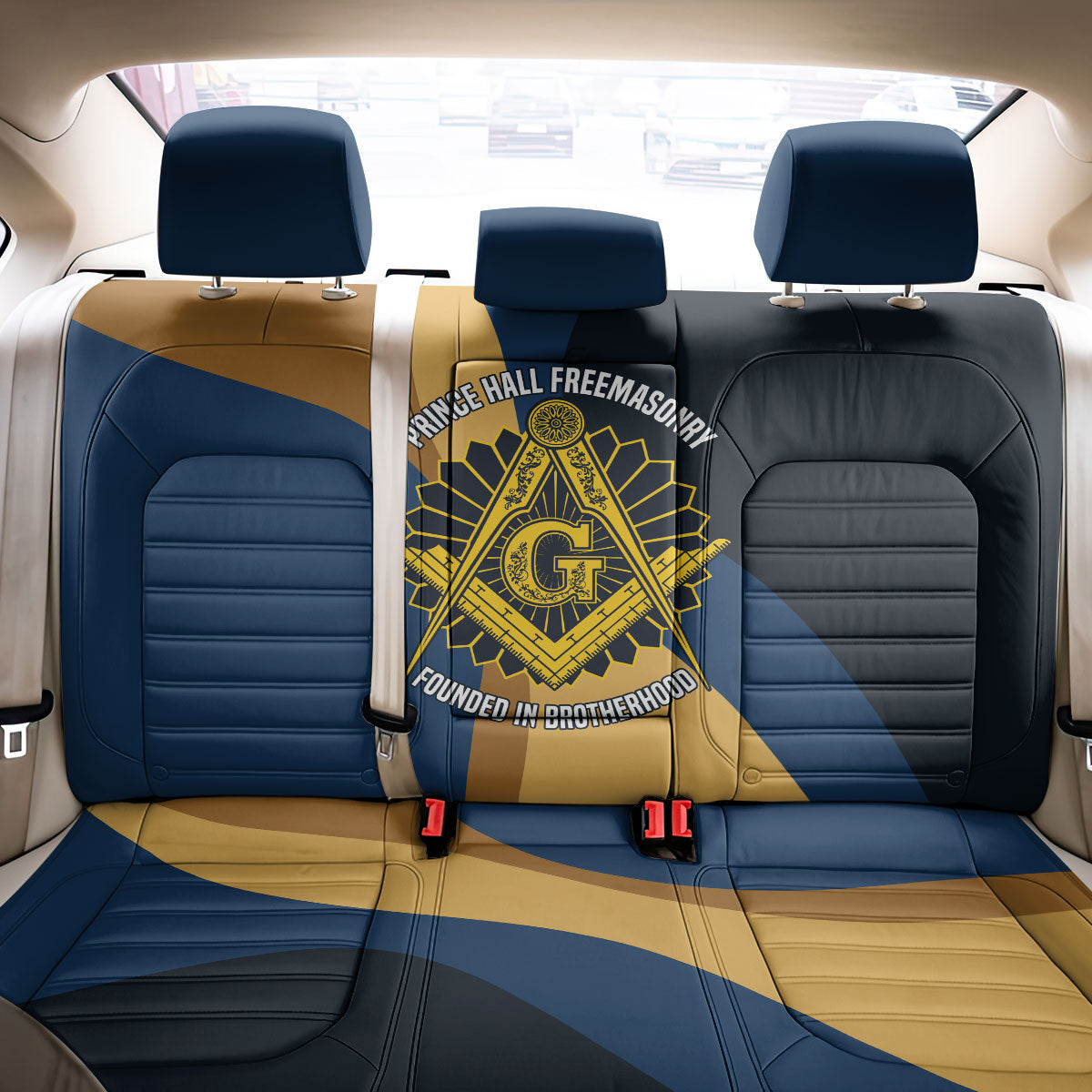 Prince Hall Freemasonry Back Car Seat Cover Square and Compasses Gold Blue Geometric