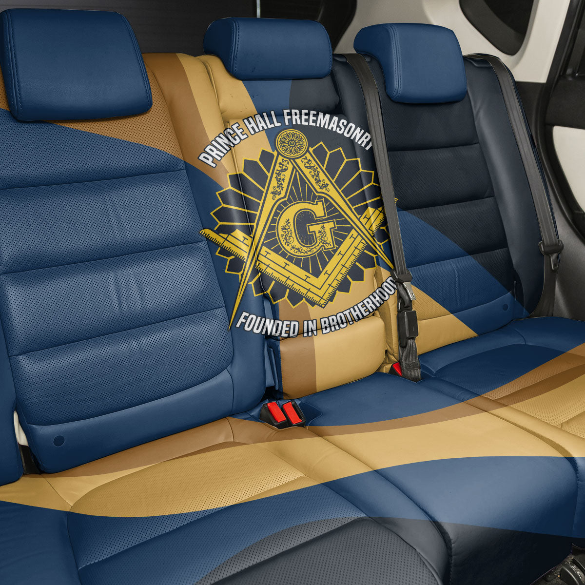 Prince Hall Freemasonry Back Car Seat Cover Square and Compasses Gold Blue Geometric