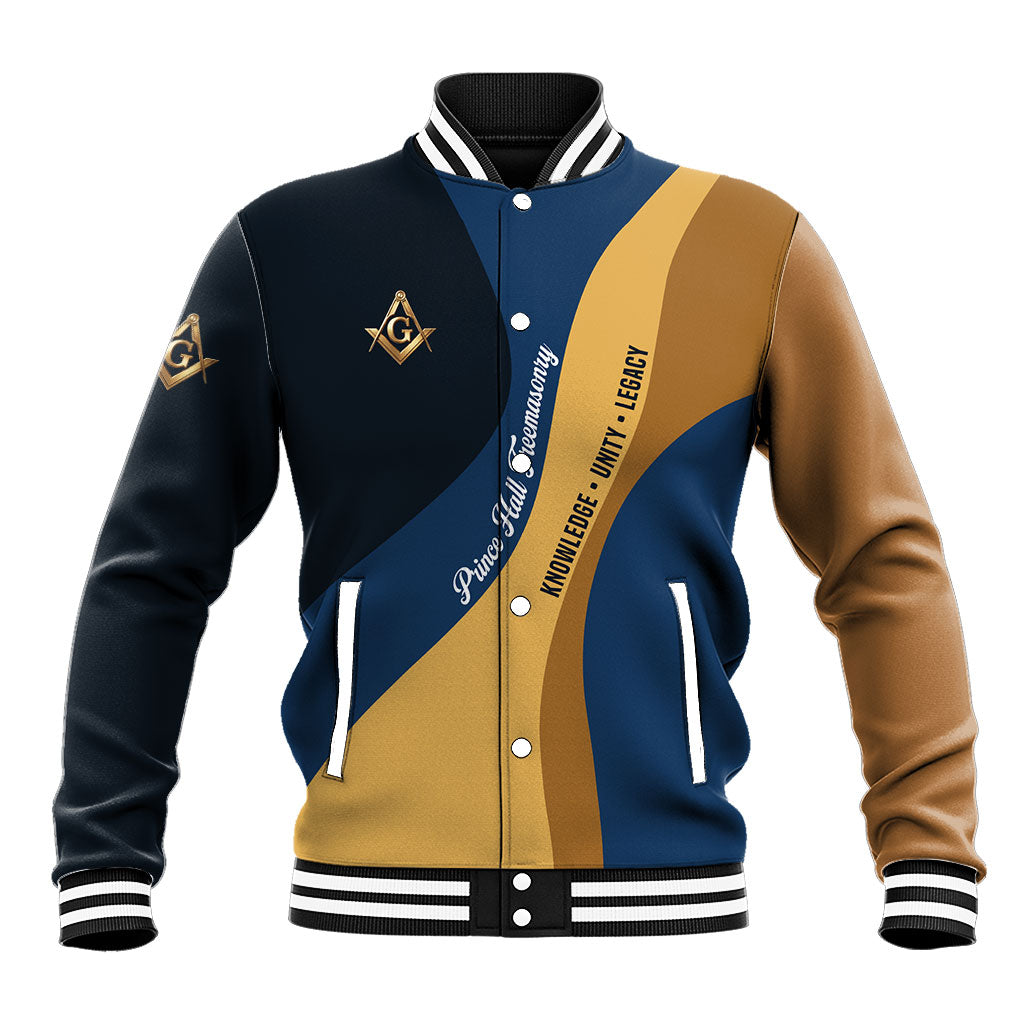 Prince Hall Freemasonry Baseball Jacket Square and Compasses Gold Blue Geometric