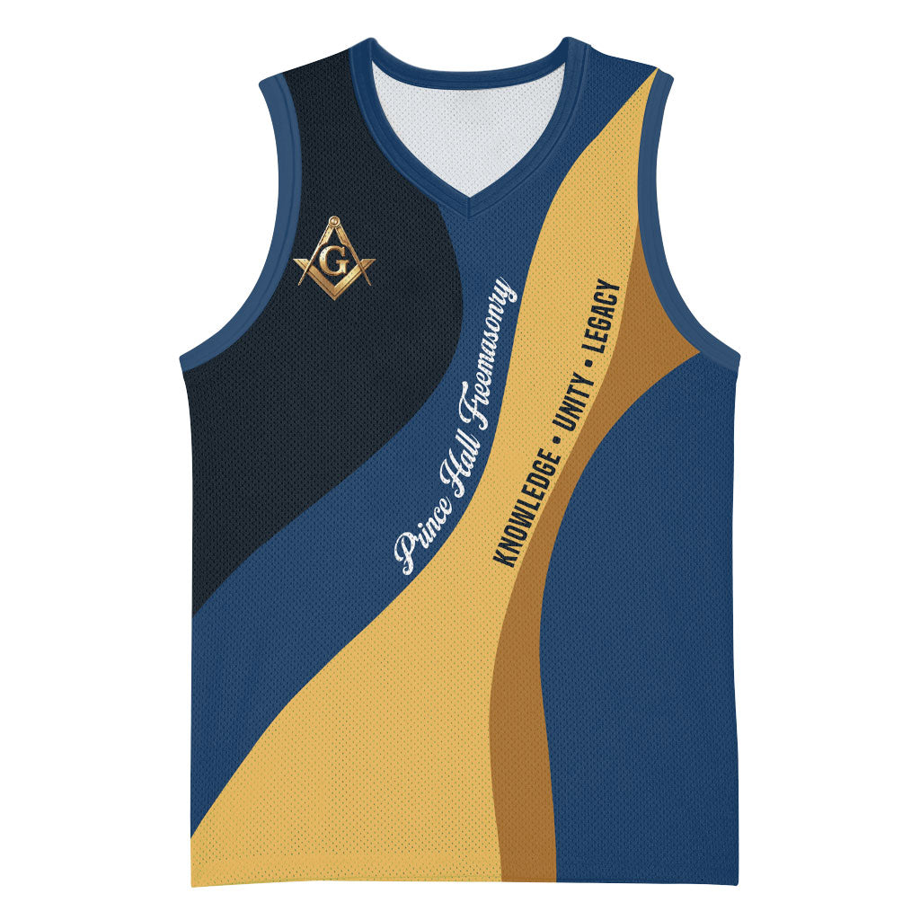 Prince Hall Freemasonry Basketball Jersey Square and Compasses Gold Blue Geometric