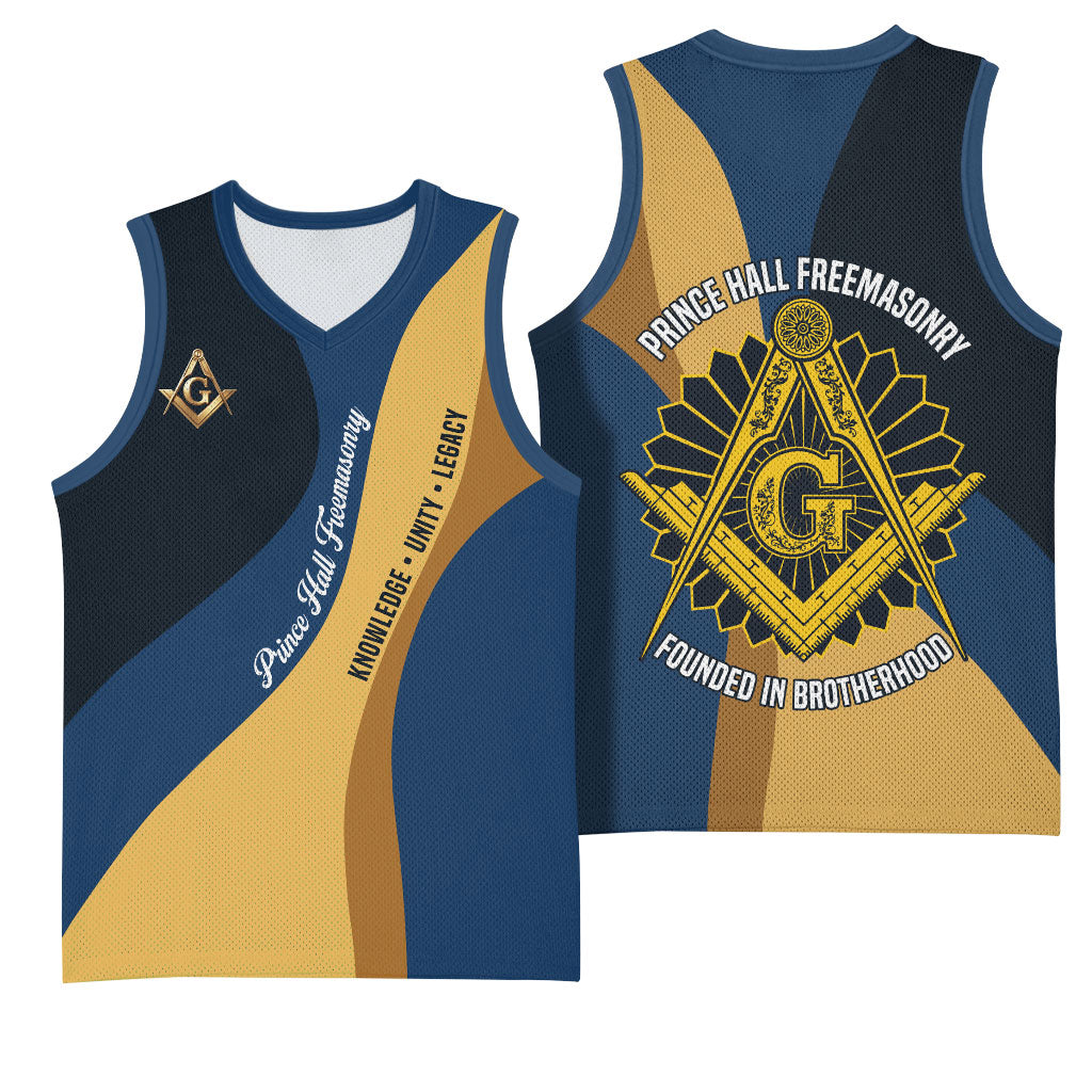Prince Hall Freemasonry Basketball Jersey Square and Compasses Gold Blue Geometric