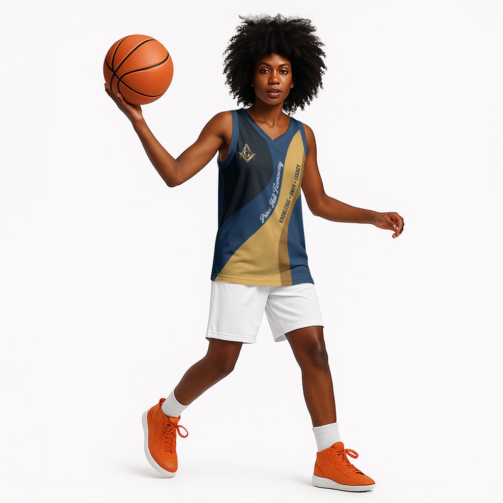 Prince Hall Freemasonry Basketball Jersey Square and Compasses Gold Blue Geometric