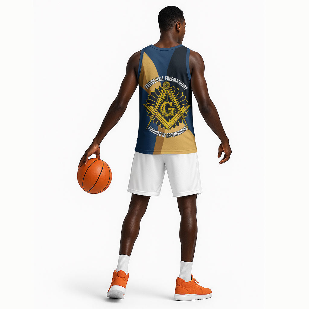 Prince Hall Freemasonry Basketball Jersey Square and Compasses Gold Blue Geometric