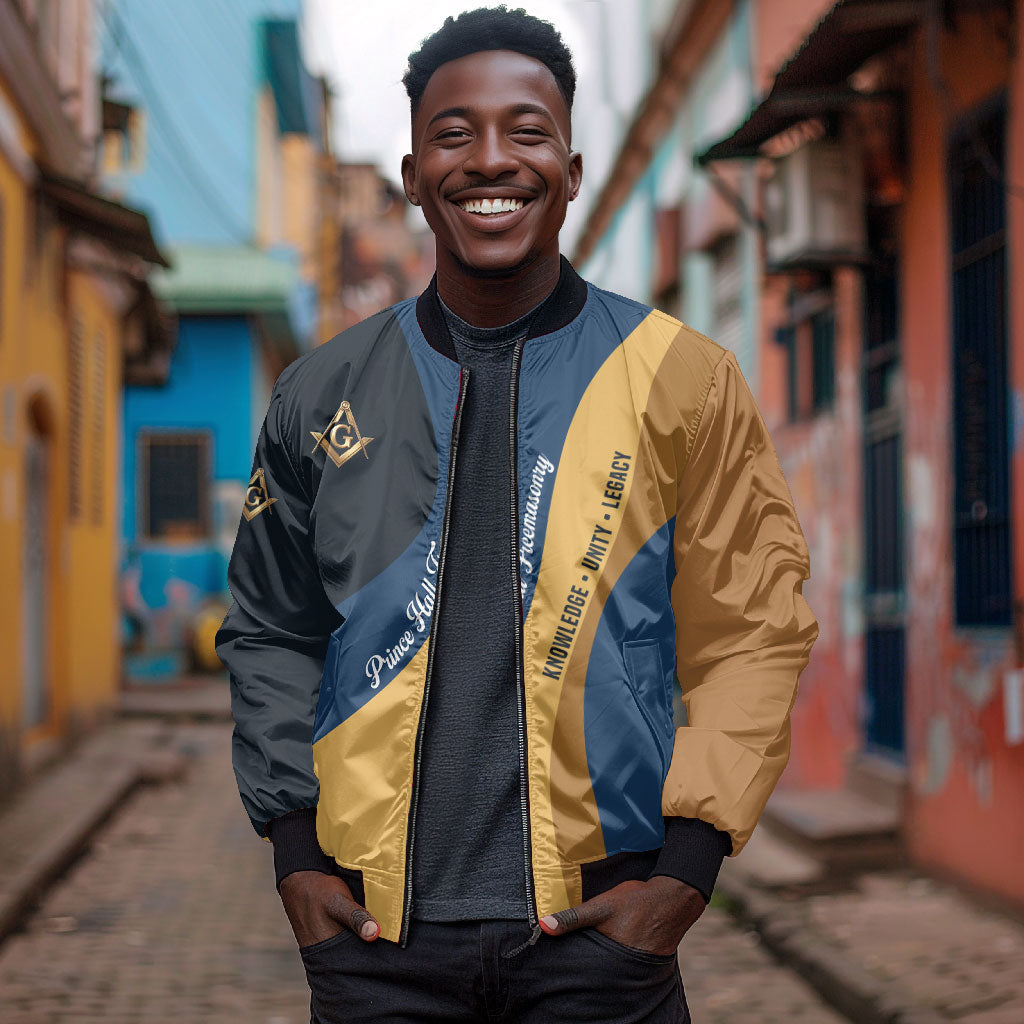 Prince Hall Freemasonry Bomber Jacket Square and Compasses Gold Blue Geometric
