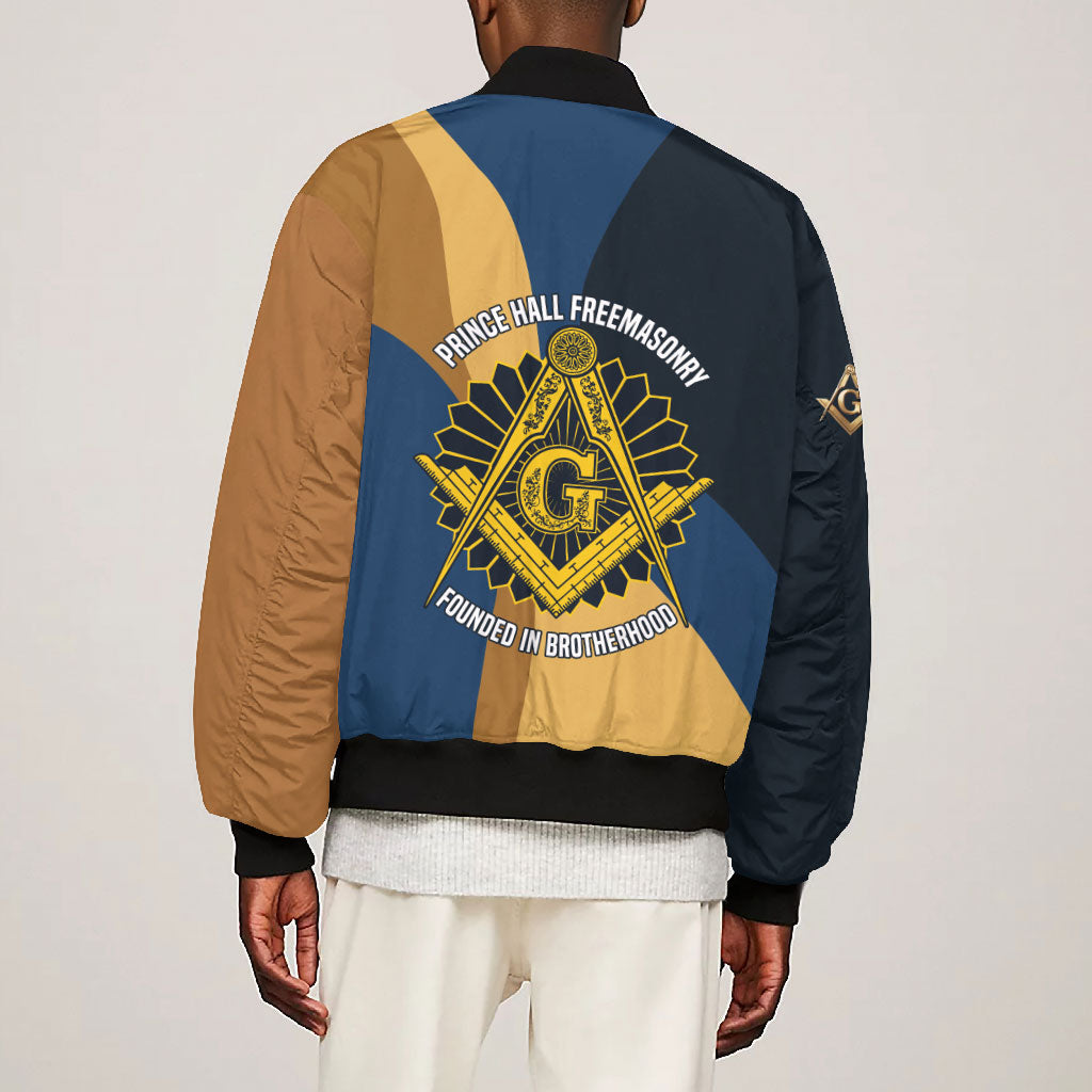 Prince Hall Freemasonry Bomber Jacket Square and Compasses Gold Blue Geometric