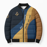Prince Hall Freemasonry Bomber Puffer Jacket Square and Compasses Gold Blue Geometric