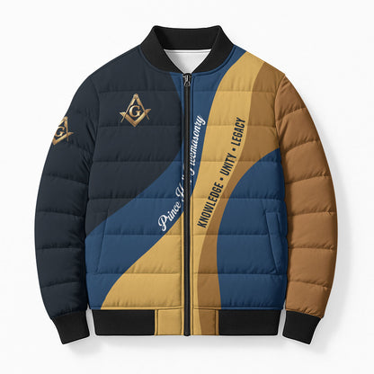Prince Hall Freemasonry Bomber Puffer Jacket Square and Compasses Gold Blue Geometric