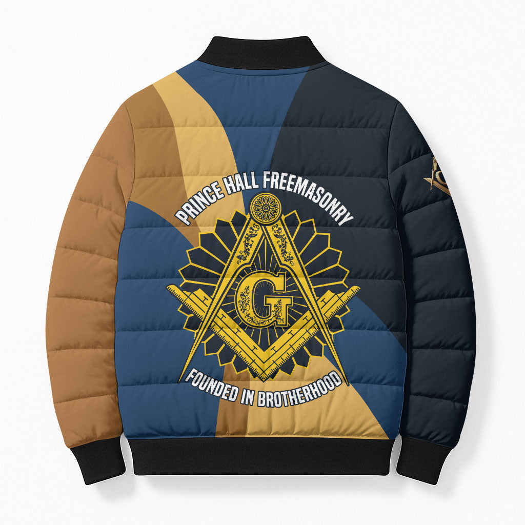 Prince Hall Freemasonry Bomber Puffer Jacket Square and Compasses Gold Blue Geometric