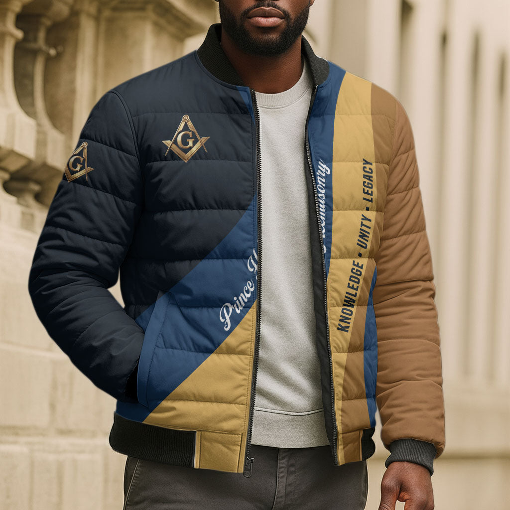 Prince Hall Freemasonry Bomber Puffer Jacket Square and Compasses Gold Blue Geometric
