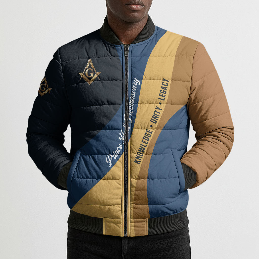 Prince Hall Freemasonry Bomber Puffer Jacket Square and Compasses Gold Blue Geometric