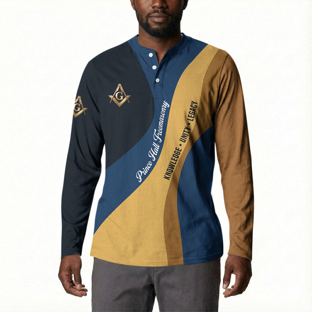 Prince Hall Freemasonry Button Sweatshirt Square and Compasses Gold Blue Geometric