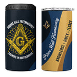 Prince Hall Freemasonry 4 in 1 Can Cooler Tumbler Square and Compasses Gold Blue Geometric