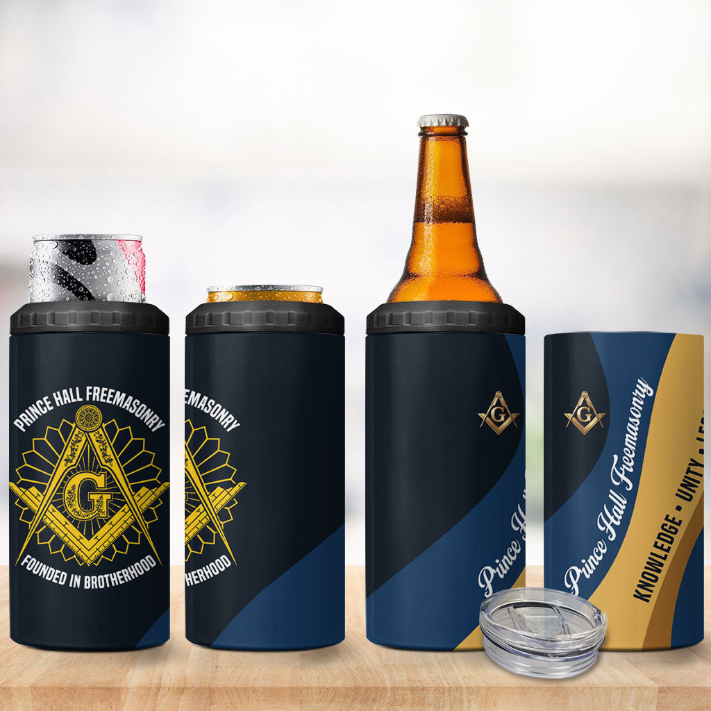 Prince Hall Freemasonry 4 in 1 Can Cooler Tumbler Square and Compasses Gold Blue Geometric
