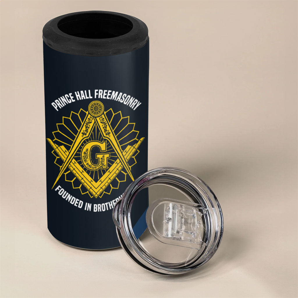 Prince Hall Freemasonry 4 in 1 Can Cooler Tumbler Square and Compasses Gold Blue Geometric
