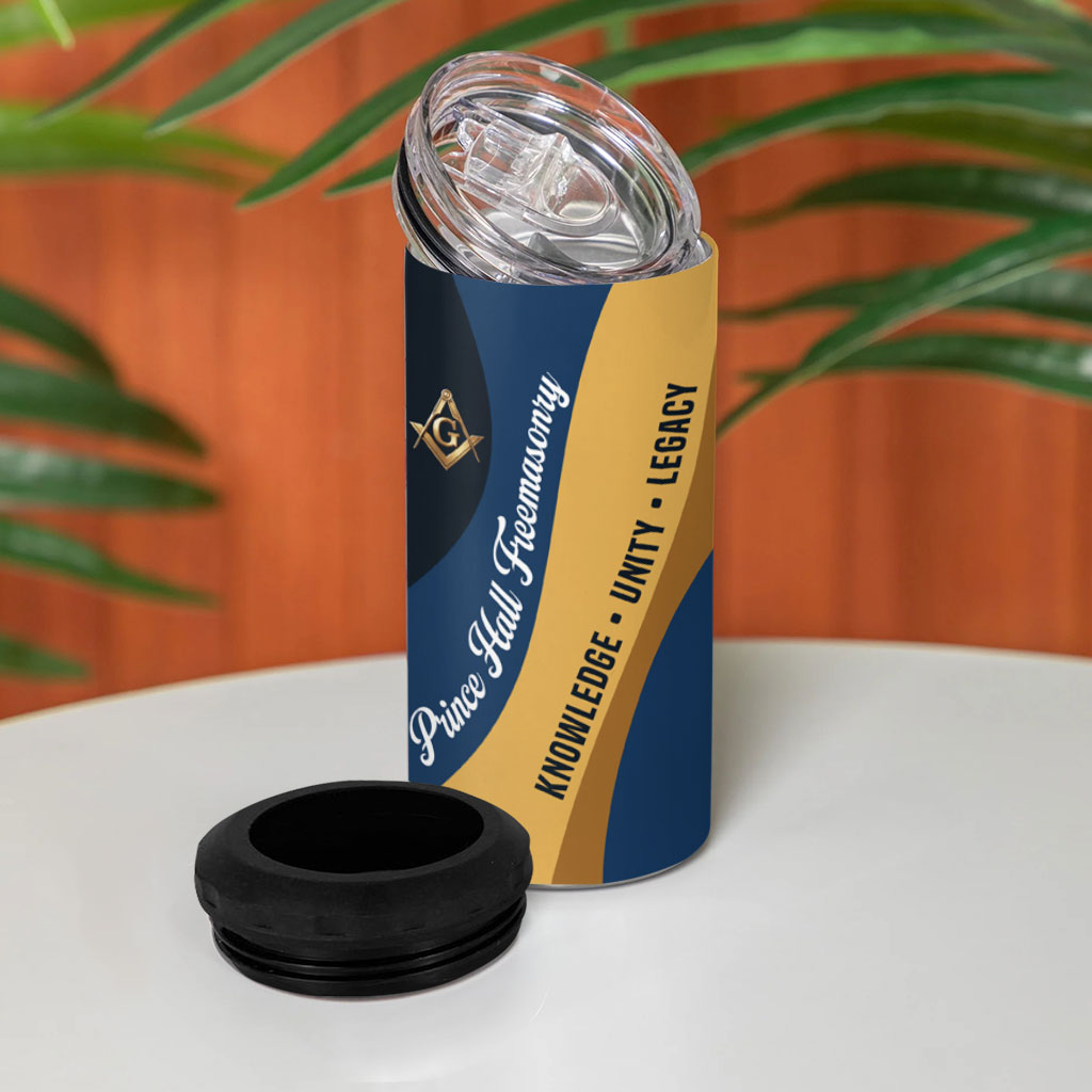 Prince Hall Freemasonry 4 in 1 Can Cooler Tumbler Square and Compasses Gold Blue Geometric