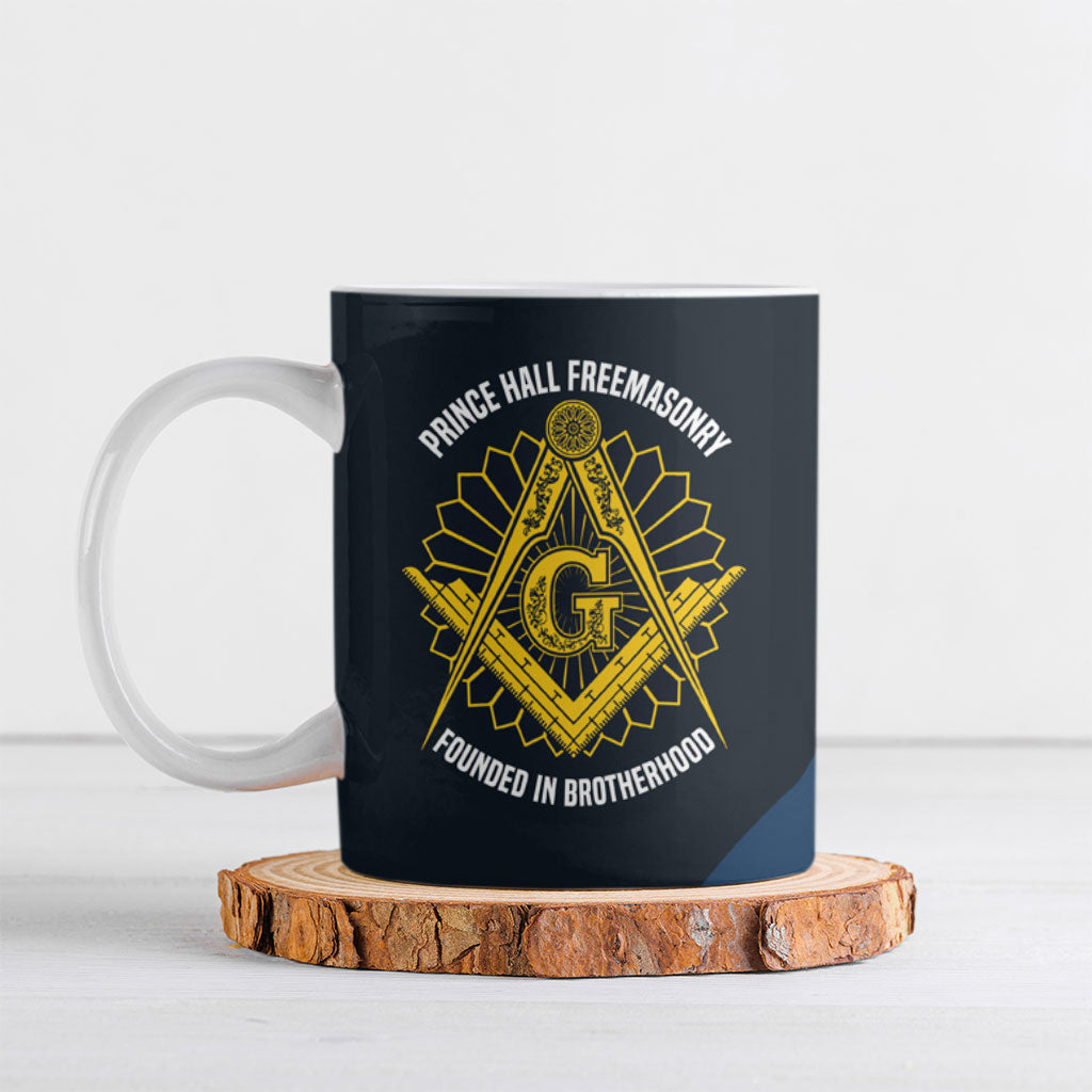 Prince Hall Freemasonry Ceramic Mug Square and Compasses Gold Blue Geometric