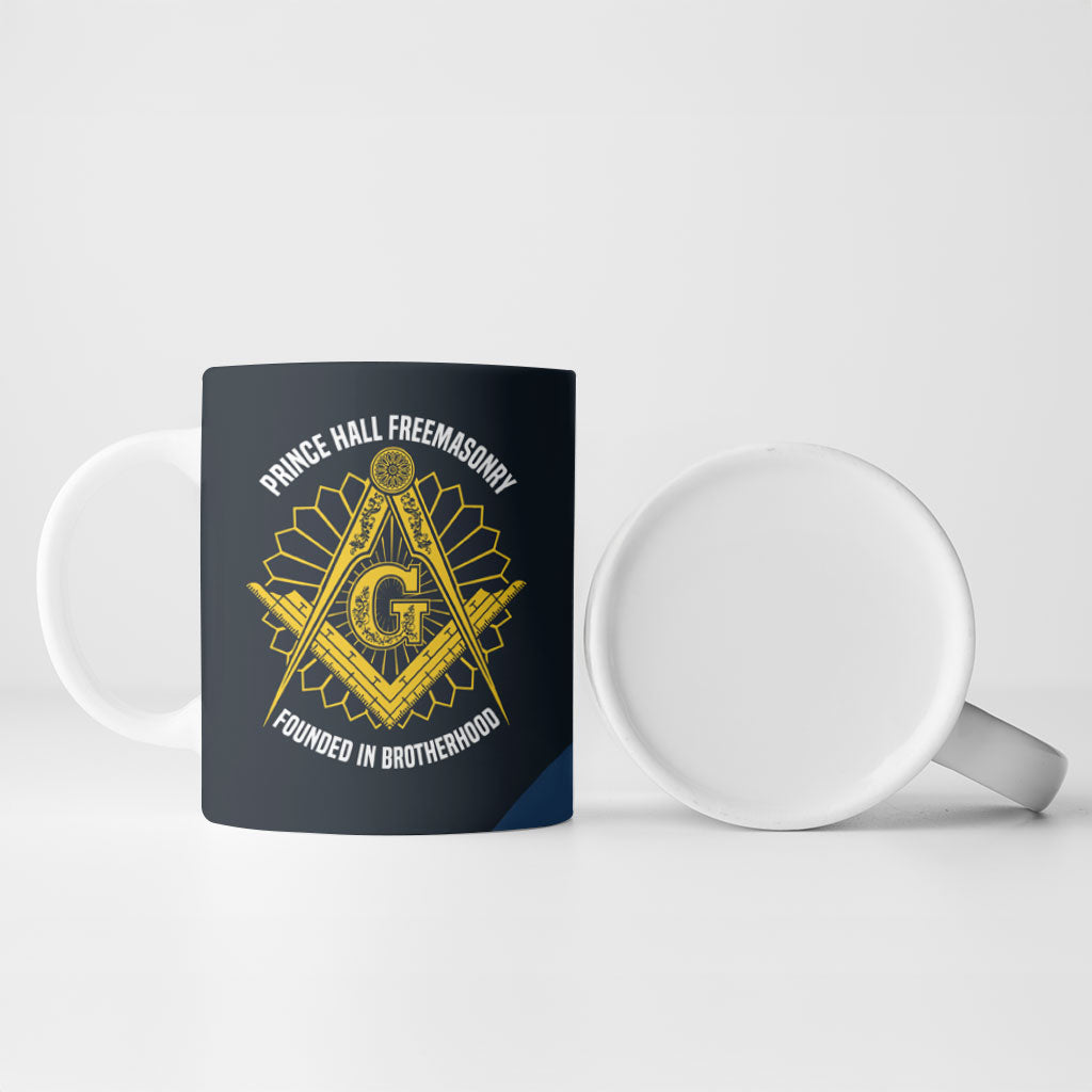 Prince Hall Freemasonry Ceramic Mug Square and Compasses Gold Blue Geometric