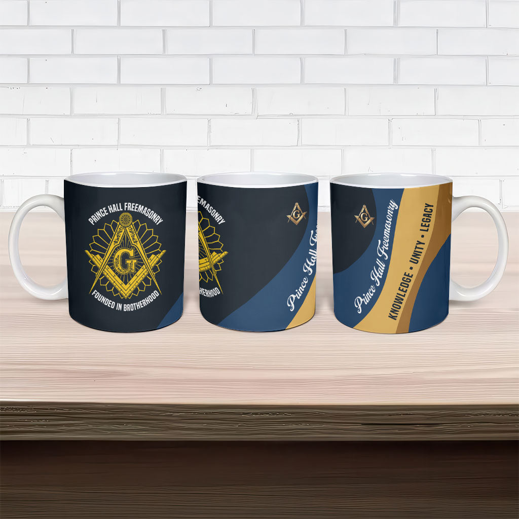 Prince Hall Freemasonry Ceramic Mug Square and Compasses Gold Blue Geometric
