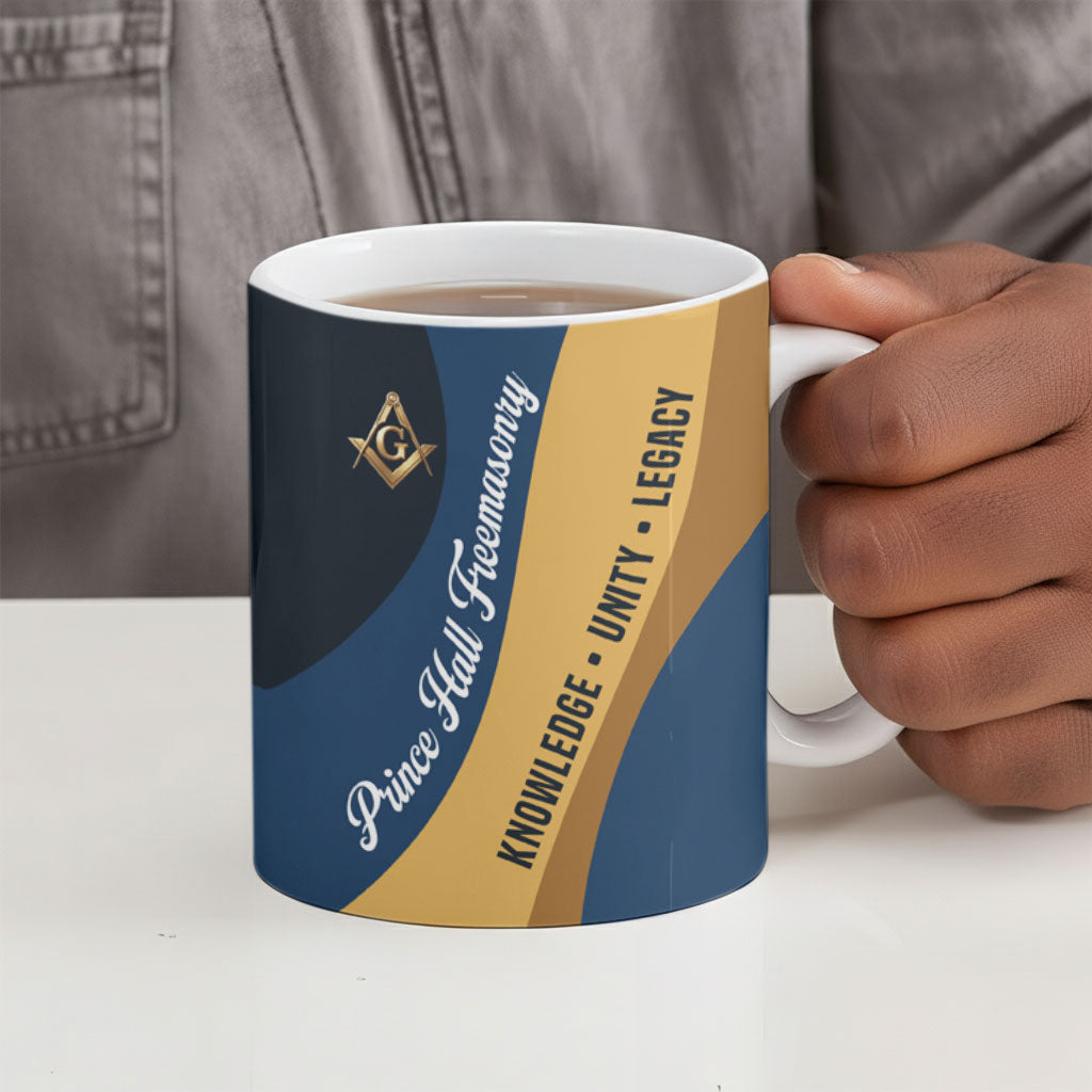 Prince Hall Freemasonry Ceramic Mug Square and Compasses Gold Blue Geometric