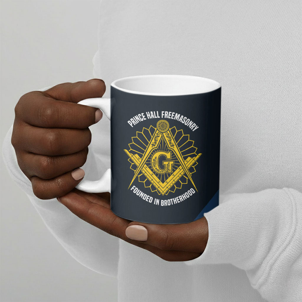 Prince Hall Freemasonry Ceramic Mug Square and Compasses Gold Blue Geometric