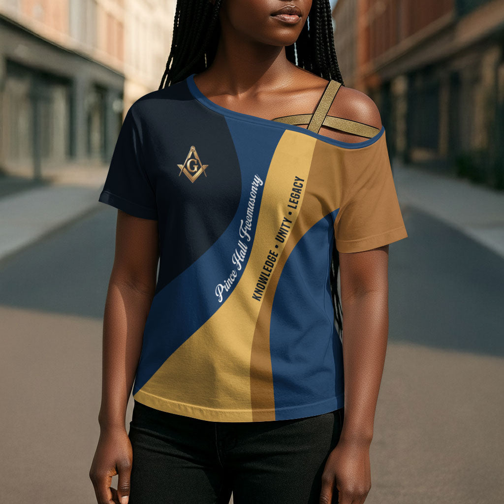 Prince Hall Freemasonry Cross Shoulder Shirt Square and Compasses Gold Blue Geometric