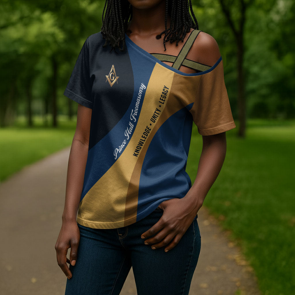 Prince Hall Freemasonry Cross Shoulder Shirt Square and Compasses Gold Blue Geometric