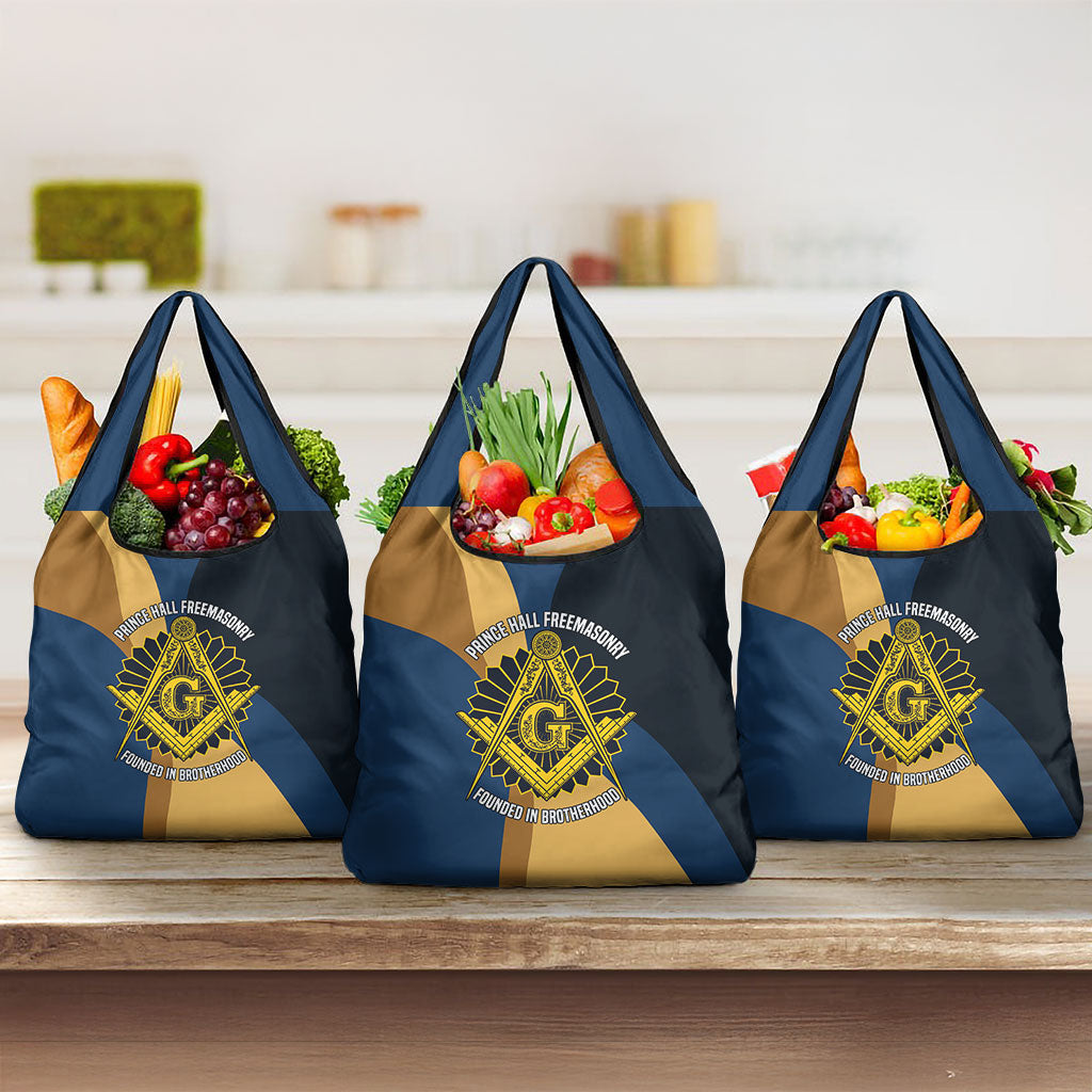 Prince Hall Freemasonry Grocery Bag Square and Compasses Gold Blue Geometric