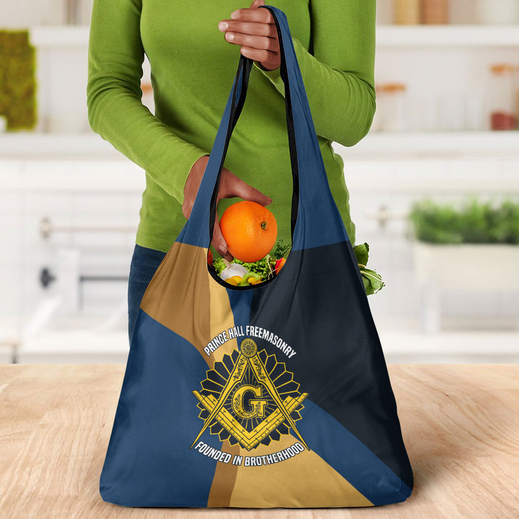 Prince Hall Freemasonry Grocery Bag Square and Compasses Gold Blue Geometric