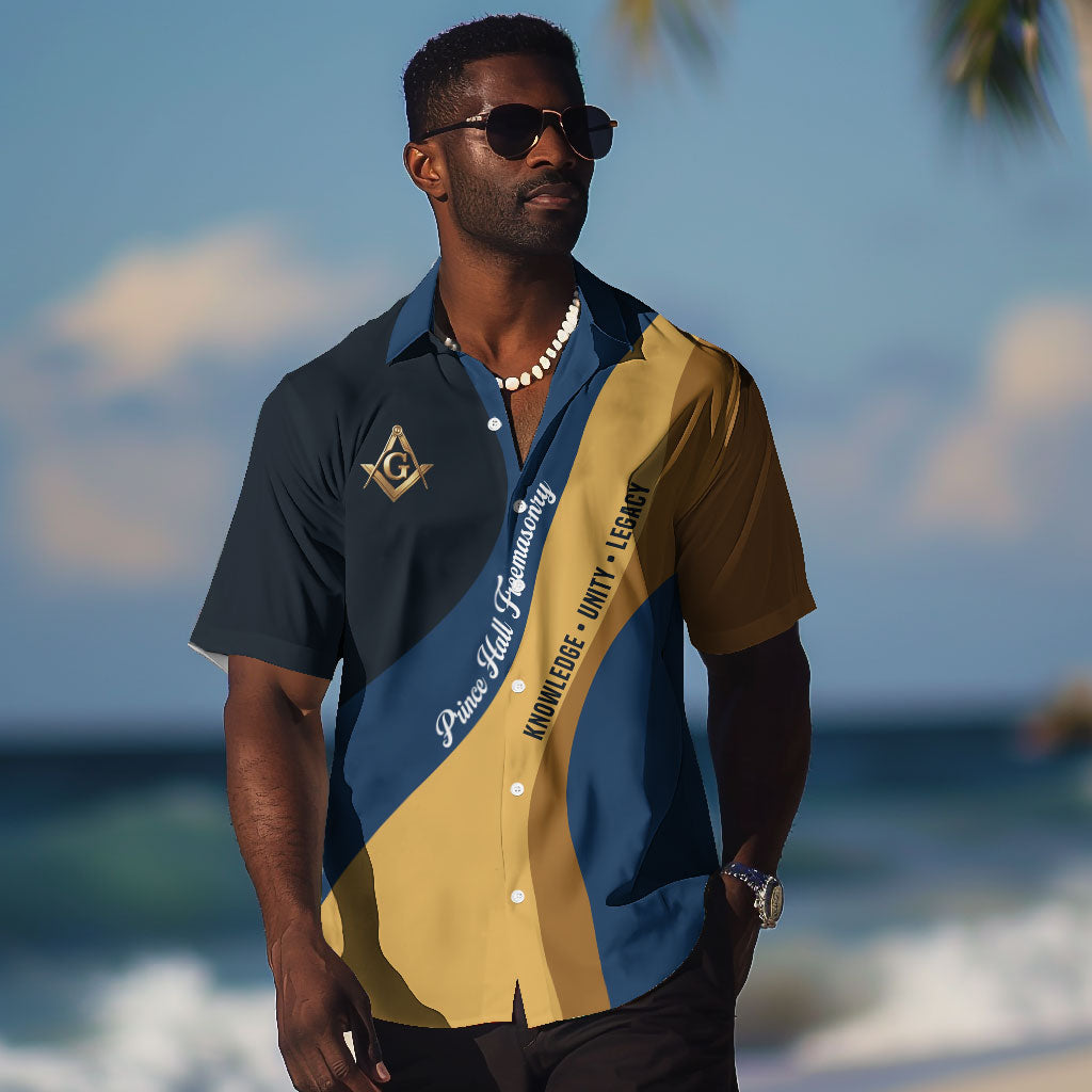 Prince Hall Freemasonry Hawaiian Shirt Square and Compasses Gold Blue Geometric