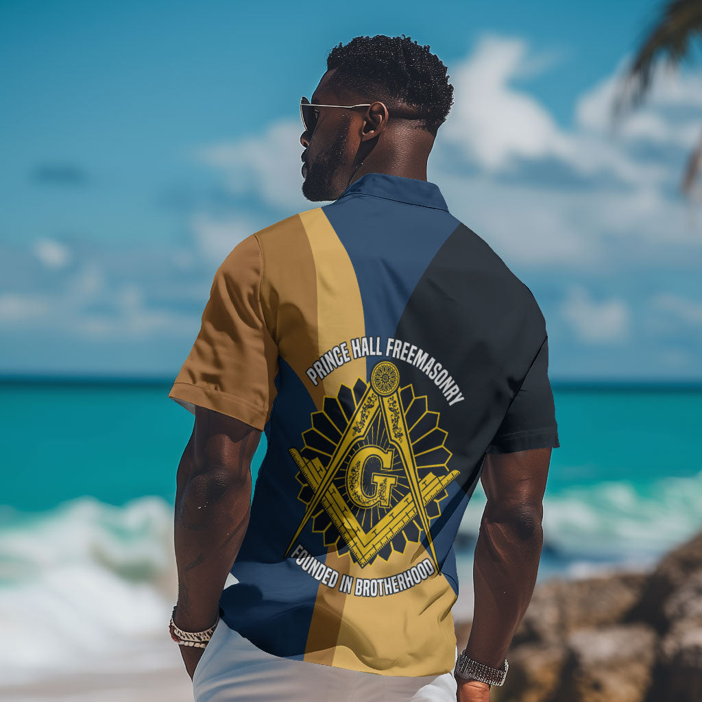 Prince Hall Freemasonry Hawaiian Shirt Square and Compasses Gold Blue Geometric