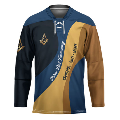 Prince Hall Freemasonry Hockey Jersey Square and Compasses Gold Blue Geometric