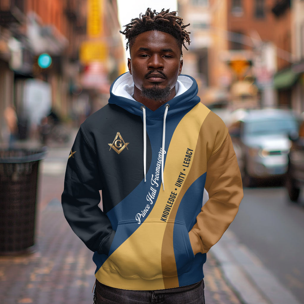 Prince Hall Freemasonry Hoodie Square and Compasses Gold Blue Geometric