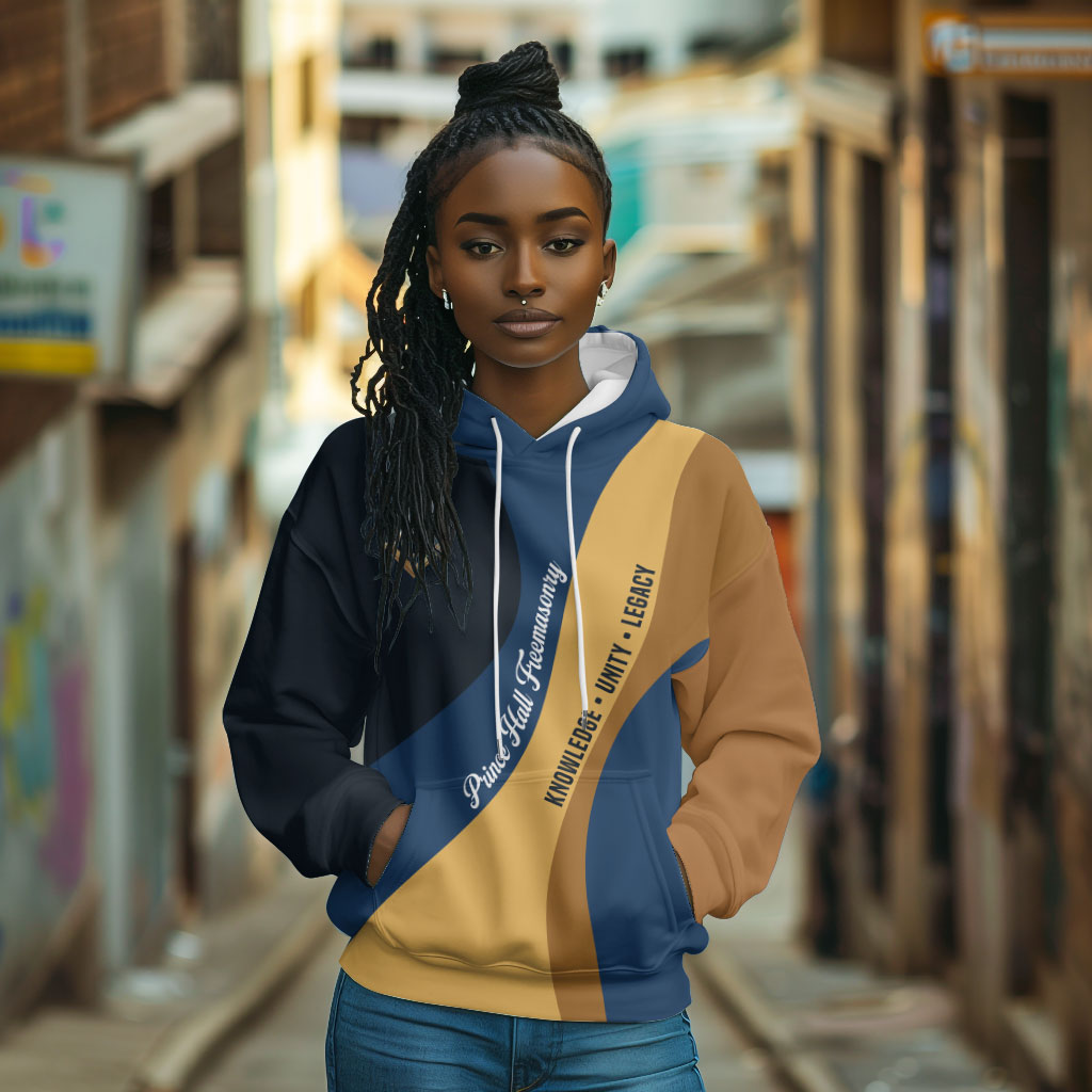 Prince Hall Freemasonry Hoodie Square and Compasses Gold Blue Geometric