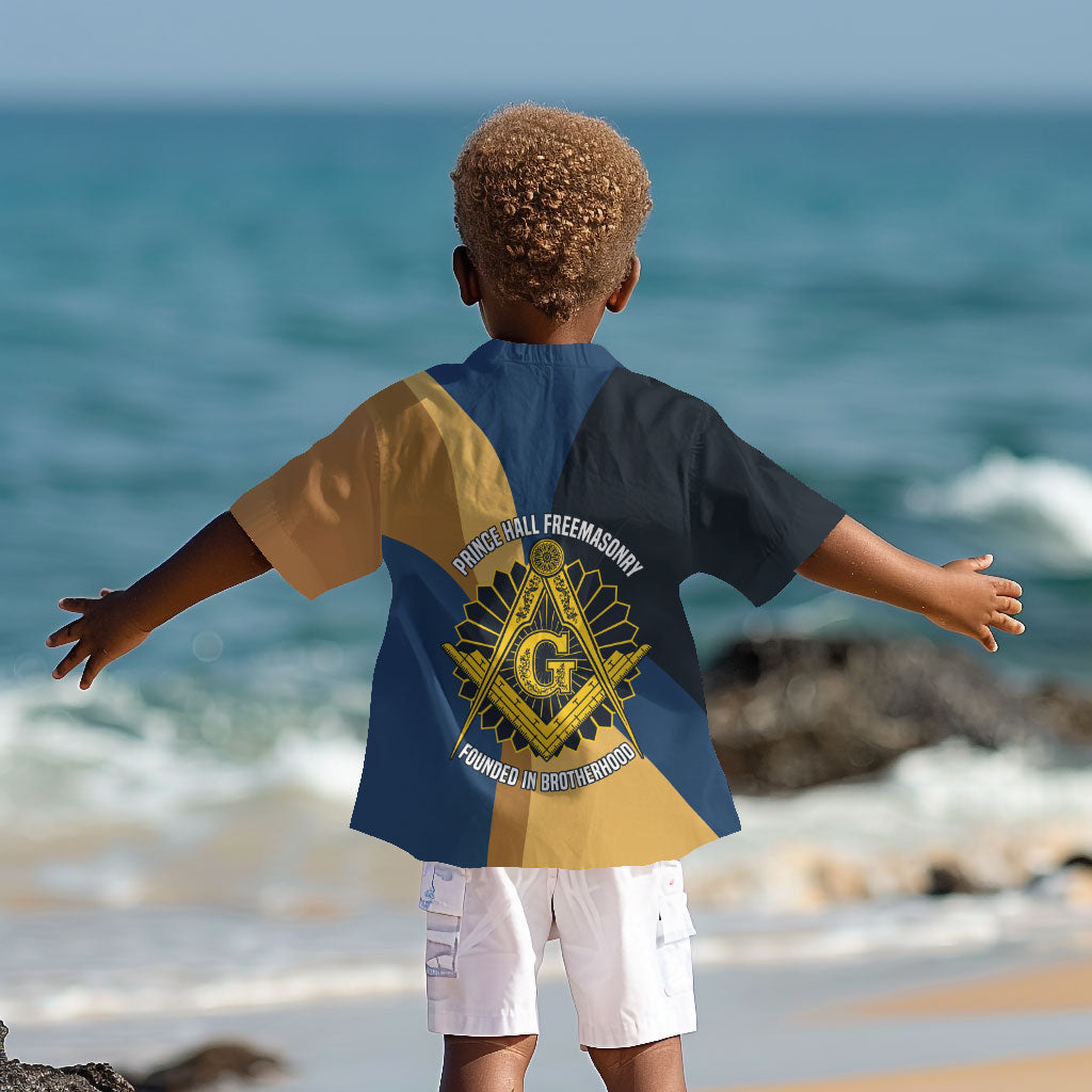 Prince Hall Freemasonry Kid Hawaiian Shirt Square and Compasses Gold Blue Geometric