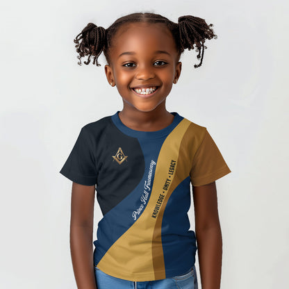 Prince Hall Freemasonry Kid T shirt Square and Compasses Gold Blue Geometric