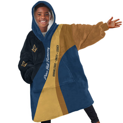 Prince Hall Freemasonry Kid Wearable Blanket Hoodie Square and Compasses Gold Blue Geometric
