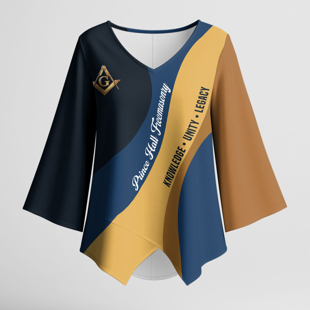 Prince Hall Freemasonry Kimono Sleeve Blouse Square and Compasses Gold Blue Geometric