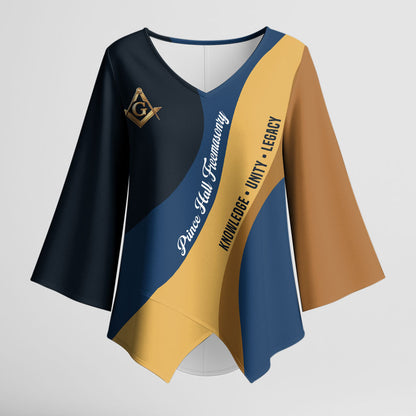 Prince Hall Freemasonry Kimono Sleeve Blouse Square and Compasses Gold Blue Geometric