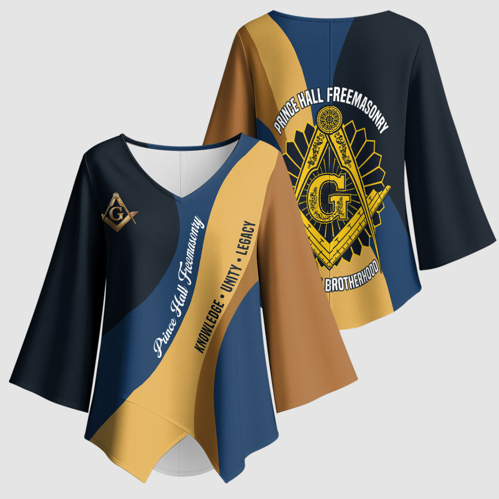 Prince Hall Freemasonry Kimono Sleeve Blouse Square and Compasses Gold Blue Geometric