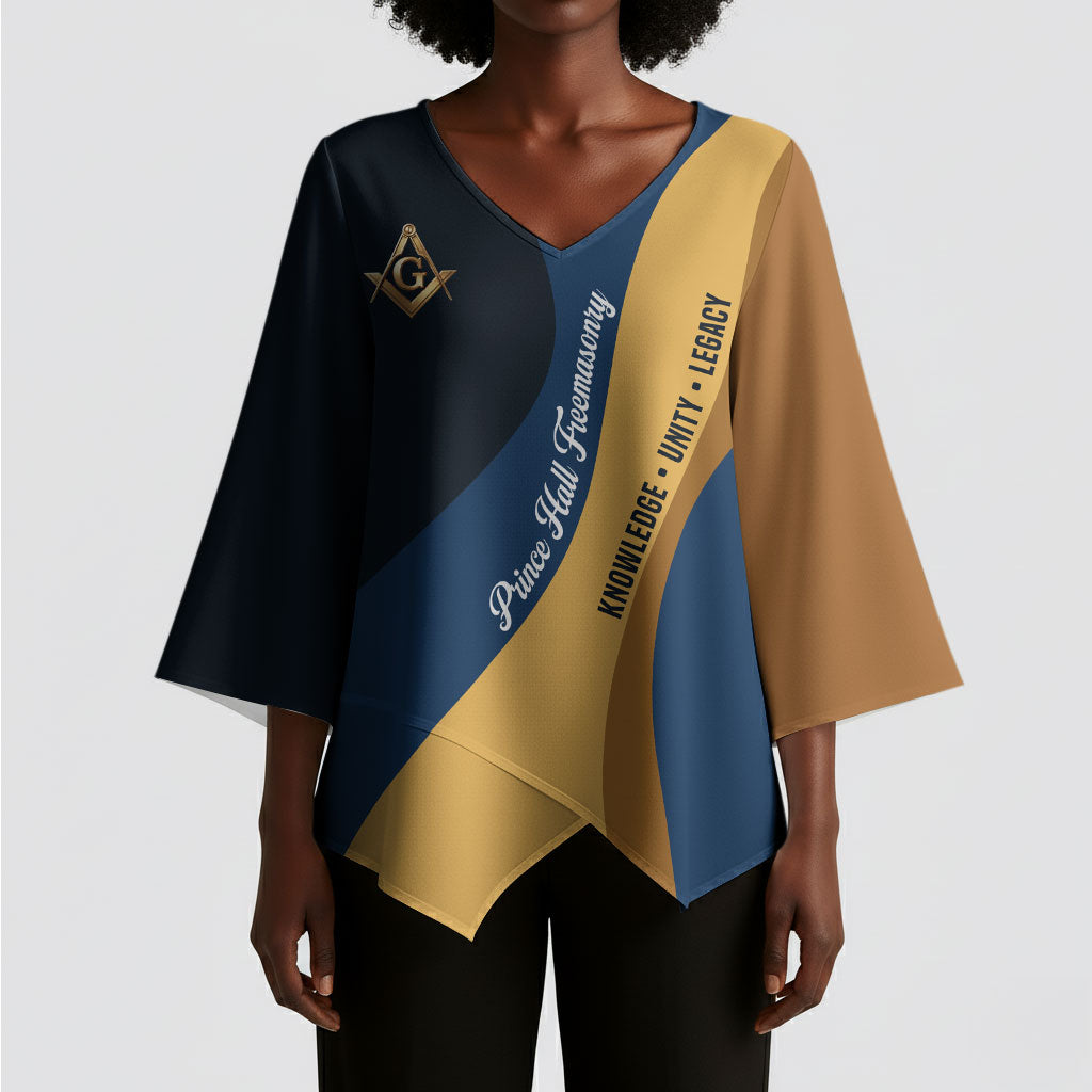 Prince Hall Freemasonry Kimono Sleeve Blouse Square and Compasses Gold Blue Geometric