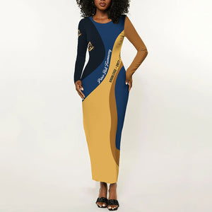 Prince Hall Freemasonry Long Sleeve Bodycon Dress Square and Compasses Gold Blue Geometric